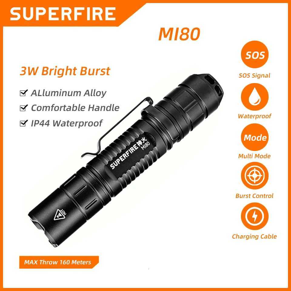 SUPERFIRE MI80 EDC Tactical Flashlight Super Bright LED Torch 5 Modes Portable Camping Outdoor Lighting Waterproof LanternW251106