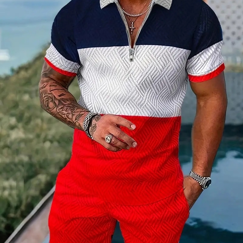 Mens 3D graphic printed polo shirt set for business and leisure activities summer styling 2piece plus size clothing 250324