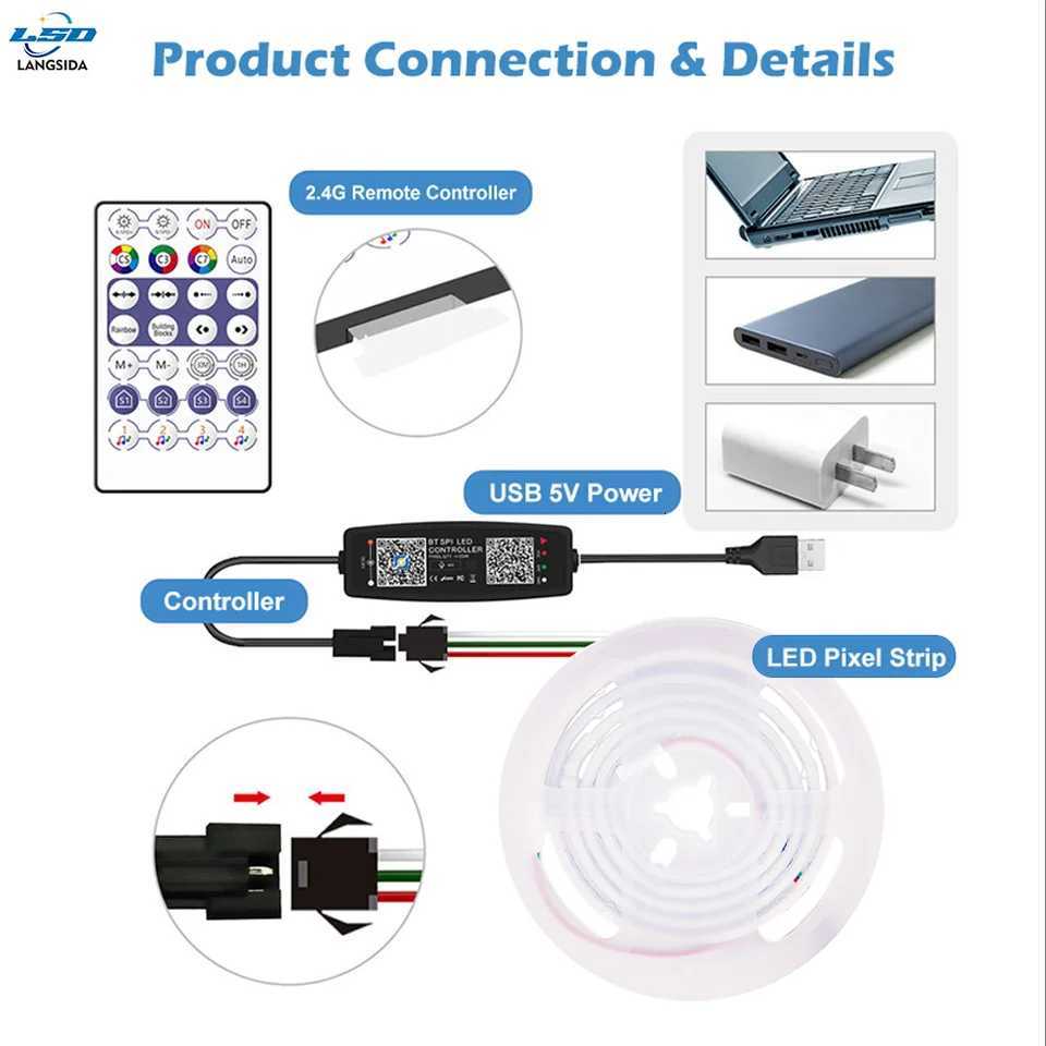 WS2812 3mm 240LED Bluetooth Smart RGB COB Strip Controller APP Control 720LEDs/m Sound-Activated Music Modes Running 5V COB 240D W251107