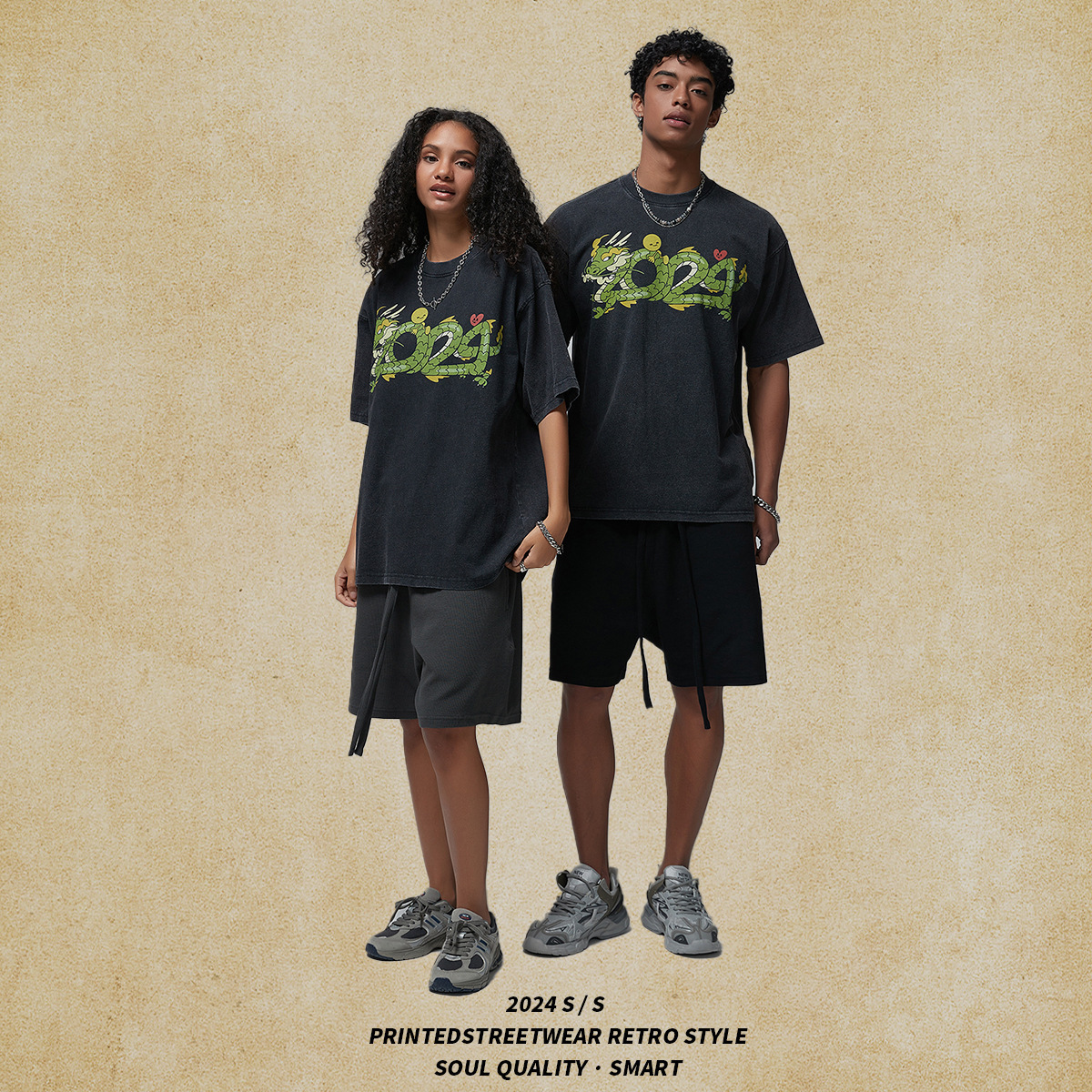 Men's Wear | 2025 New Product China Year of the Loong Printed Wash Round Neck Short Sleeve Street Fashion T-shirt Men