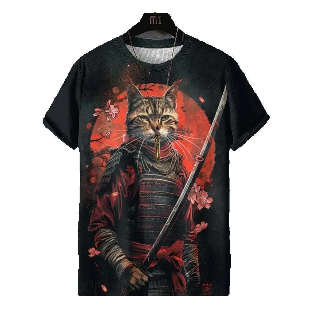 Japanese style 3D printed with warrior cat pattern casual short sleeved T-shirt oversized men's top