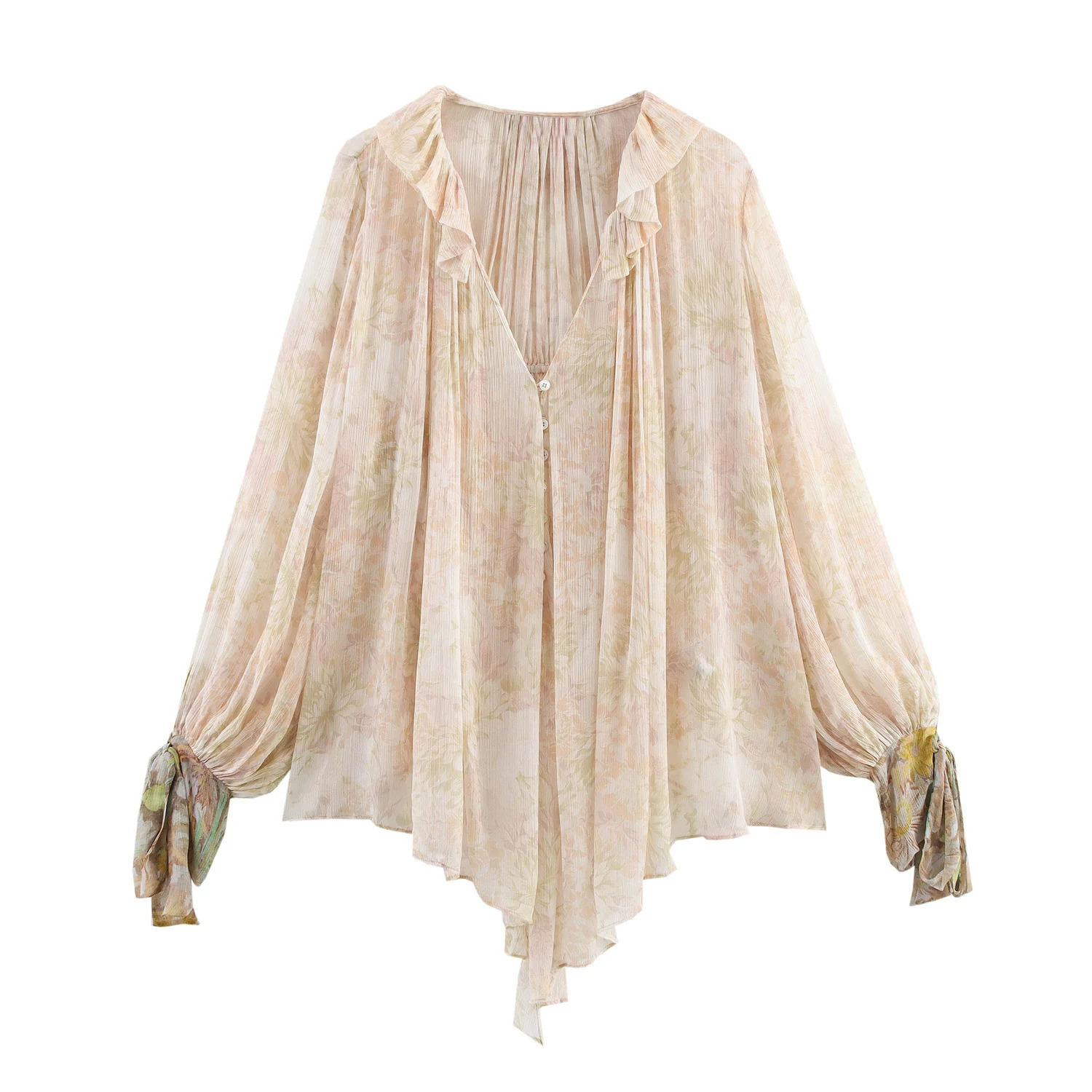 Spring Womens Clothing Asymmetric European and American Temperature Versatile Bow Cuffs Long Sleeve Shirt 250407