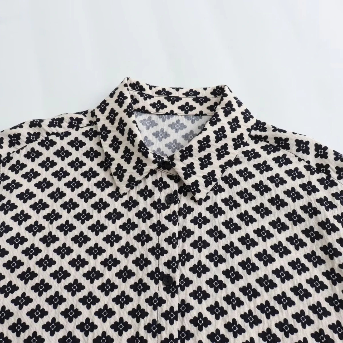 ZBZA Womens Printed Top and Mens Set with Collar Long Sleeve Elastic Waist Pants SpringSummer Style Casual Unique 250407