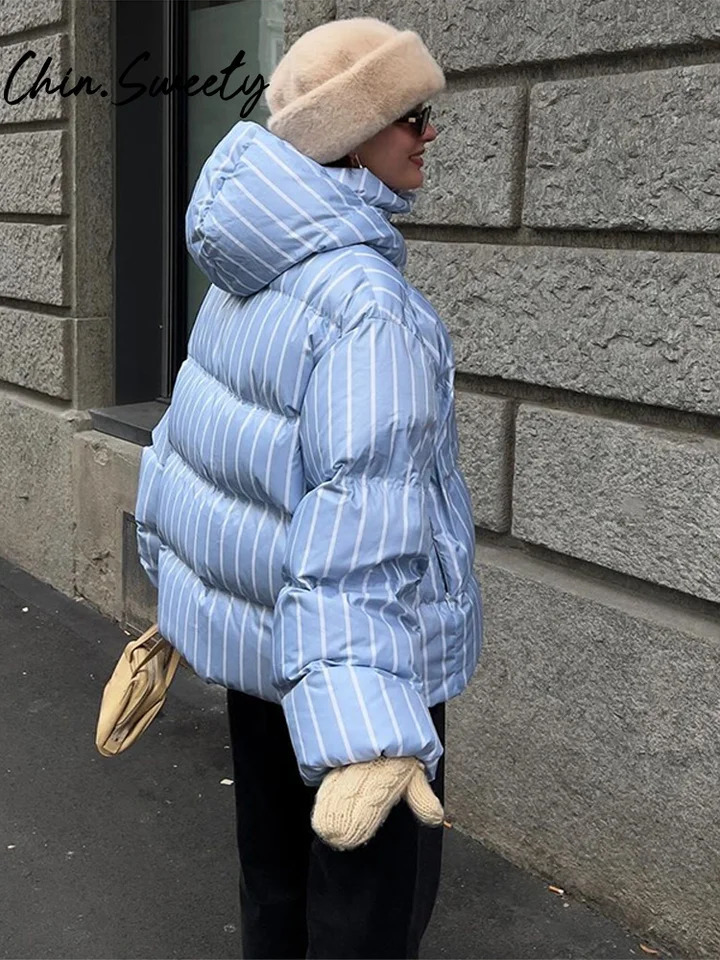 Fashion Striped Women Quilted Jacket Loose Hooded Thicken Zippers Long Sleeve Female Outwear 2025 Autumn Winter Lady Streetwear 251106