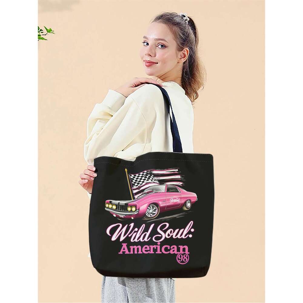 car 1pc,American retro reusable fashionable multifunctional handbag, printed canvas shopping bag handbag,
