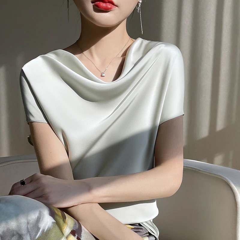 Silk womens Tshirt summer crew collar short sleeved tee casual solid color bottom loose top zipper 5XL 250407