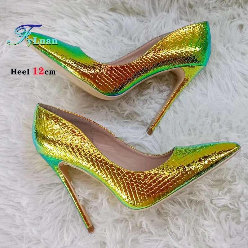 Fashion Pointed Women Thin High Heels Summer Snake Patted Single 6-12Cm Holographic Laser Party Shoes Elegant Female Pumps