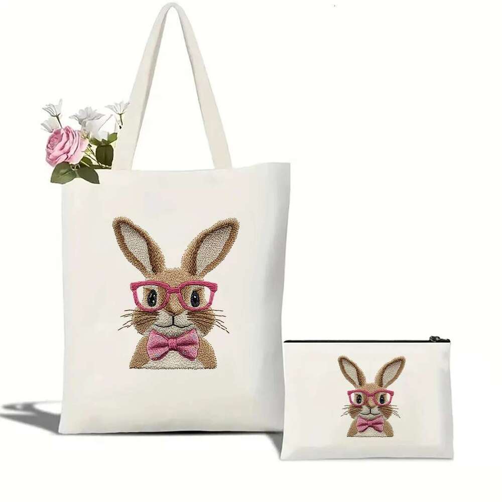 Canvas Tote Retro Vintage Happy Shopping Bag Girly Funny Bunny Sunglasse Easter Holiday Schoolbag