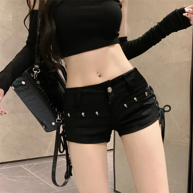 Gothic Skull Low Waist Lace-up Denim Shorts Punk Rock Sexy Women Shorts Streetwear 250407