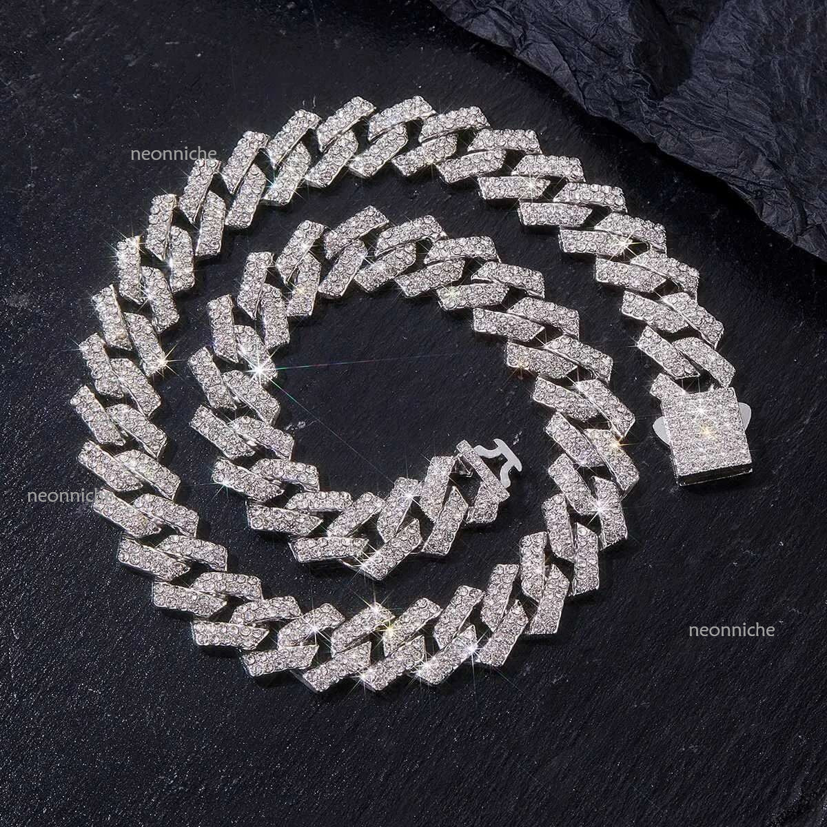 Mens 15MM Chain Iced Siery/Golden Miami Cuban Shiny Necklace Bracelet Hip Hop jewelryX240919