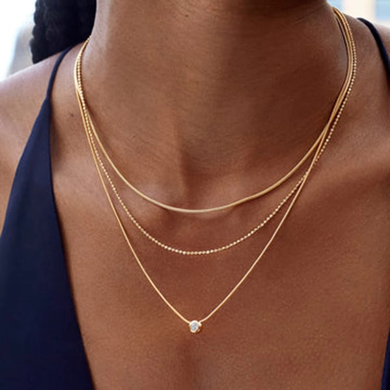 Jewelry Waterproof Anti Tarnish Stainless Steel 18K PVD Gold Plating Simple Link Bead Snake Three Layers Chain Necklace