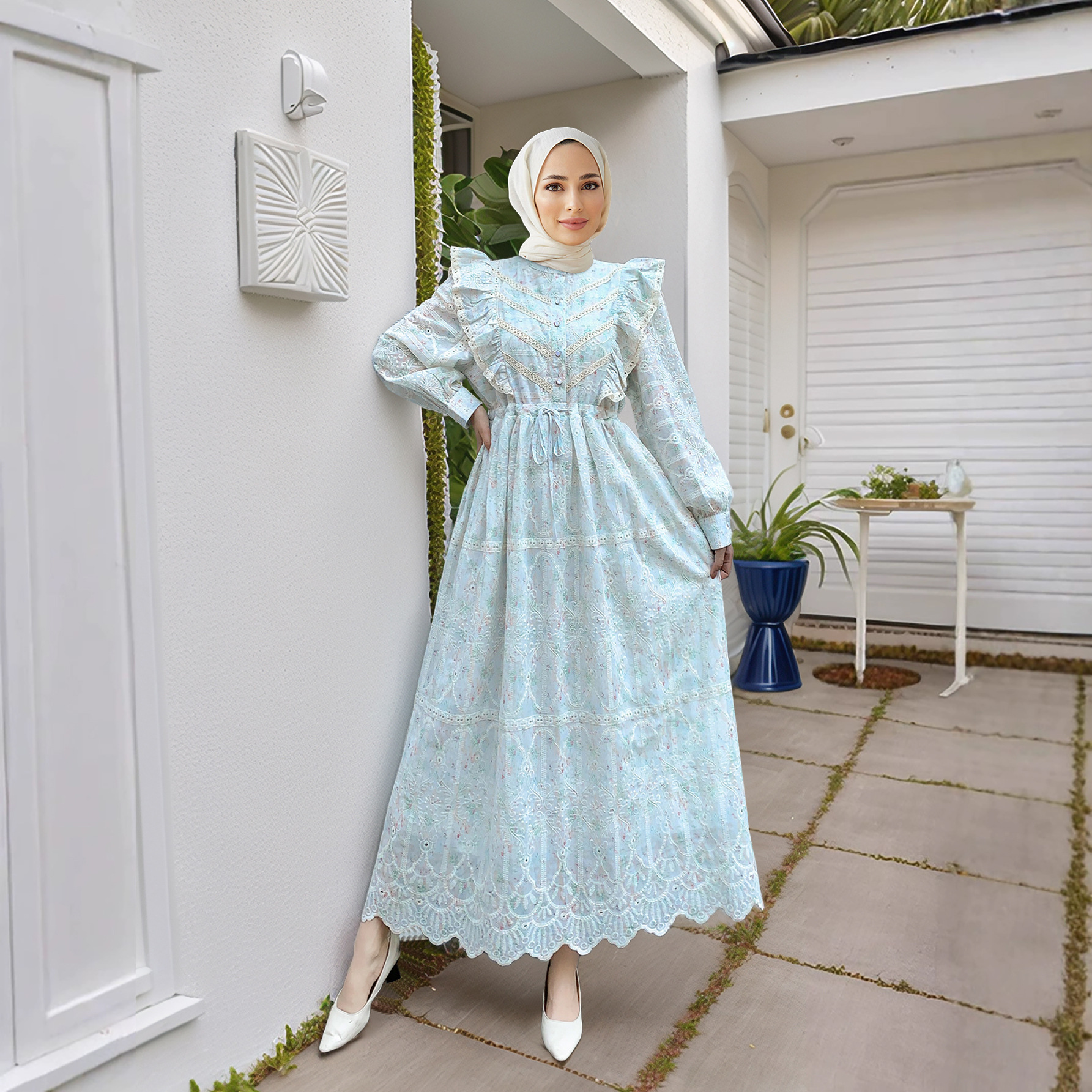 M Muslim New With Hollowed Out Embroidery And Ruffle Edge Patchwork Lace Floral Dress
