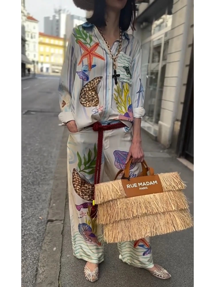 Bohemia Satin Print Loose Pants Sets Women Causal Long Sleeve Shirts Two Piece Female Beach Summer Outfits Streetwear 250313