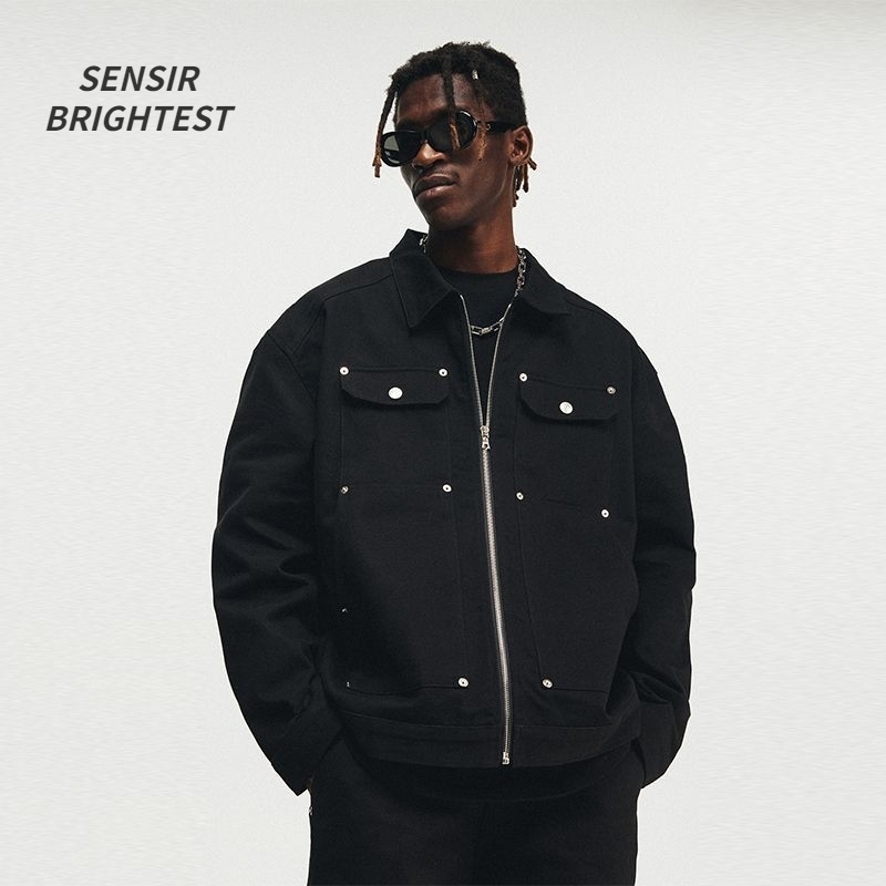 American style street metal stud denim jacket mens retro hiphop washed loose zipper 250312