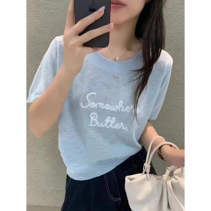 Letter y ice silk knitted short sleeved womens summer shoulder round neck thin top loose Tshirt 250407