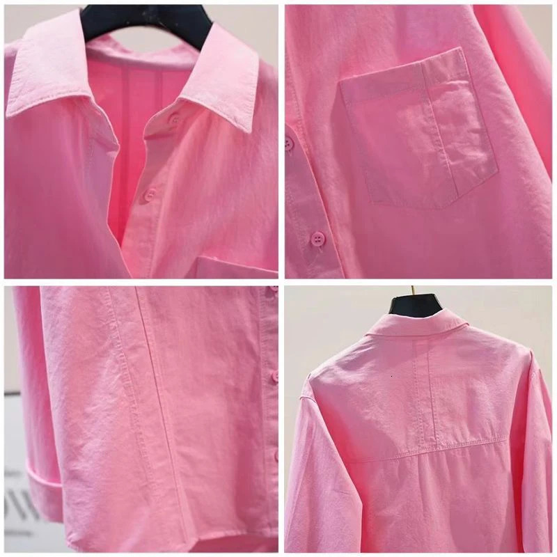 Shirt and shirt hem collar solid long sleeves loose womens top casual single chest spring simple streetwear pink clothing 250407