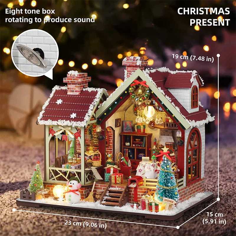 DIY Wooden Doll House Warm Christmas Lodge Casa Figurines Miniatures Assembled Dollhouse With Lights for Friends Christmas Gifts K251106