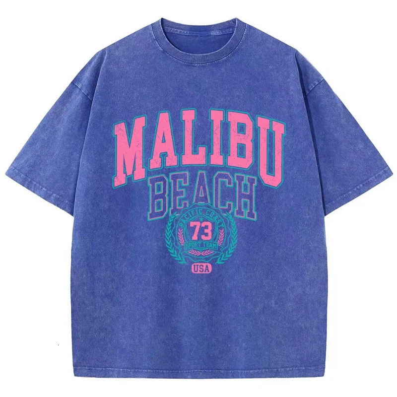 Malibu Beach Washed Tshirt Womens Letter Printed Cotton Comfortable Crewneck Top Casual Oversized Clothing 250407