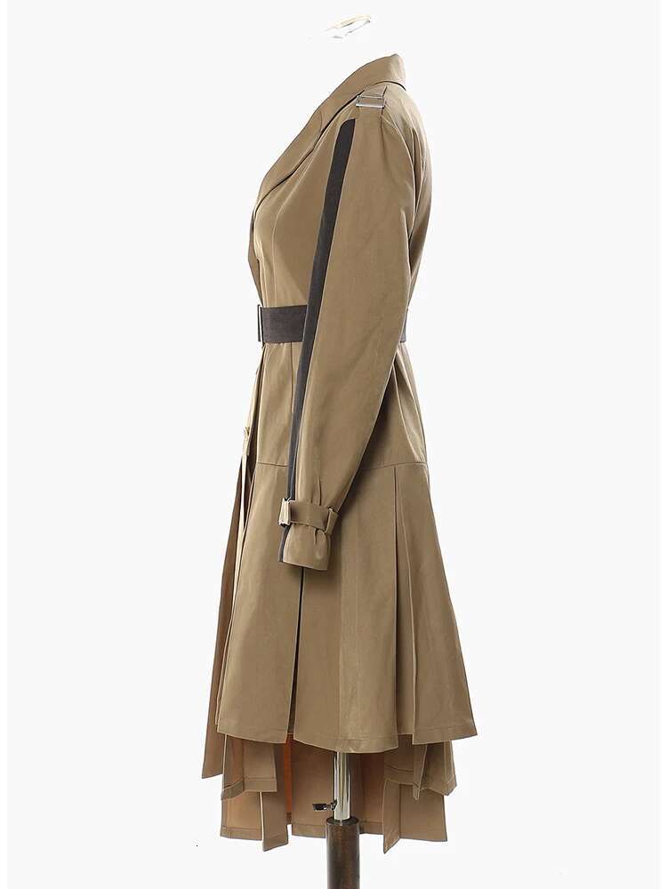 EAM Women Khaki Pleated Big Size Trench New Lapel Long Sleeve Loose Fit Windbreaker Fashion Spring Autumn 2025 1Df2737