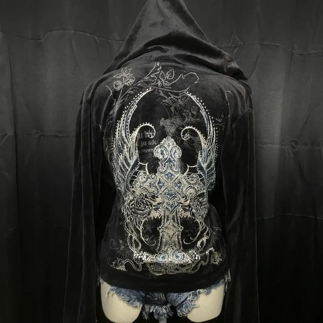 Y2K top trend retro rock spice hiphop ultrathin highquality zipper cover womens Harajuku Gothic punk casual Kopo street hoodie 250403