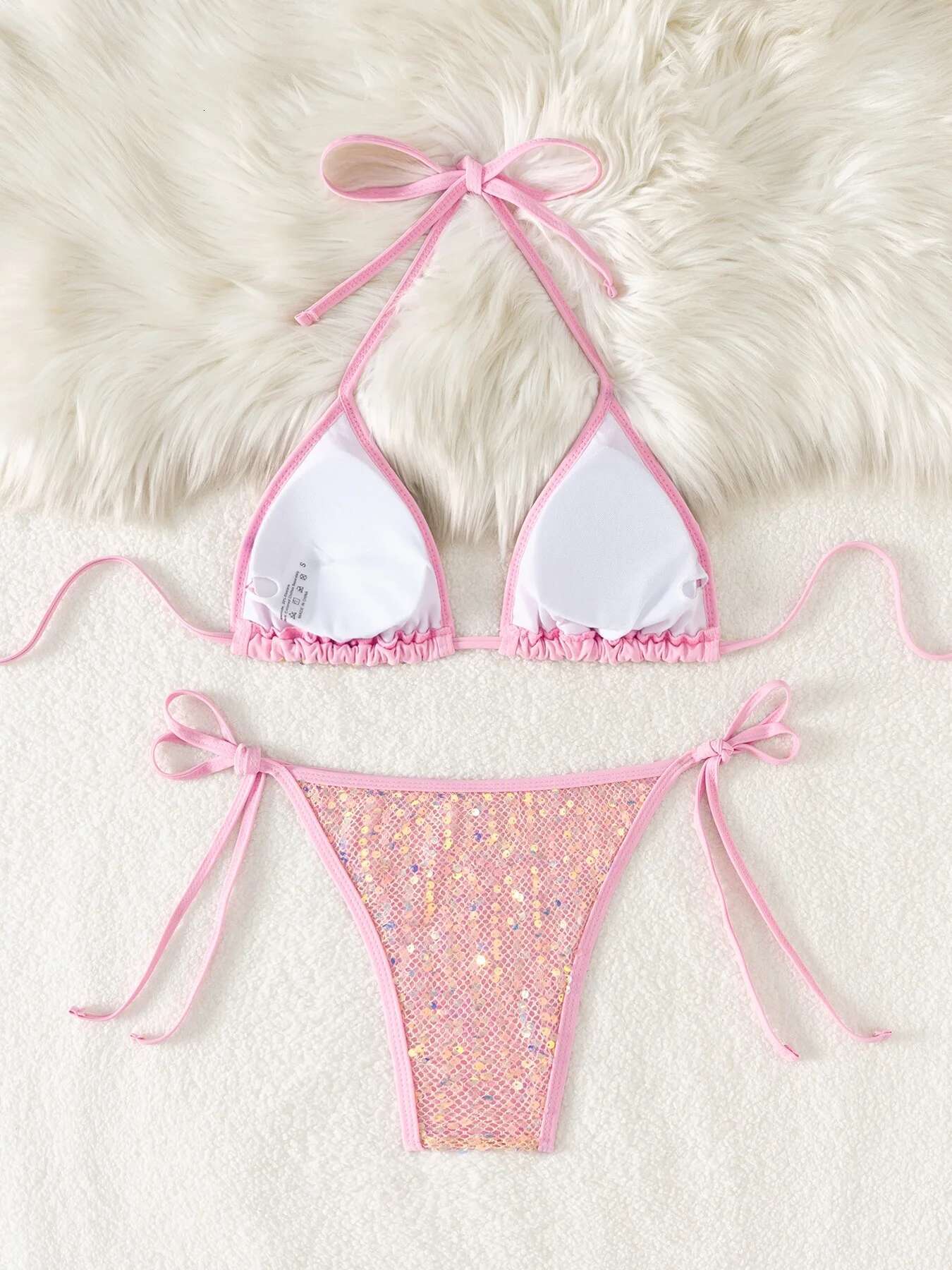 Dongdumaoyi Shiny Sequin Pink Black Bikini Women Sexy Mesh Push Up Bra Tie Side Thong Swimsuit Brazilian Beach Bathing Suit Swimwear