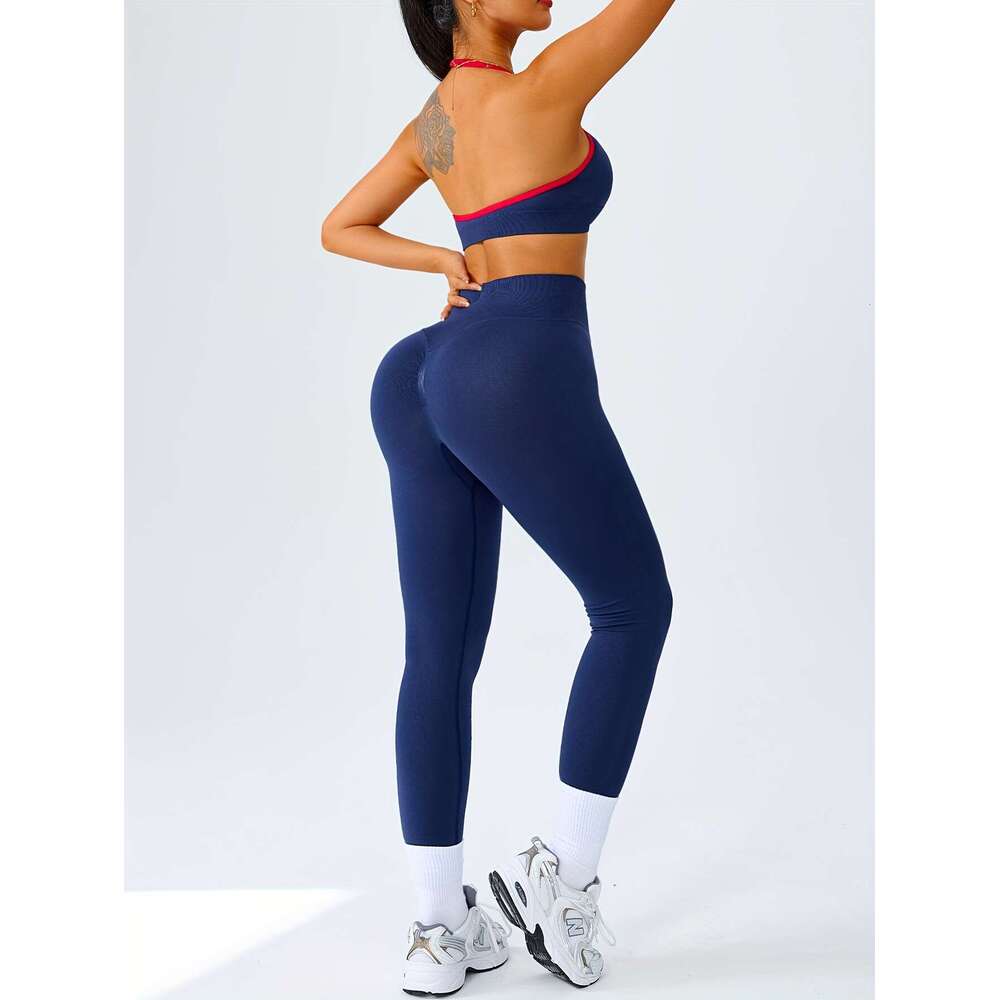 2Pcs Seamless Women's Sportswear Set, Contrast Color Halter Neck Detachable Padded Sports Bra And High-Waisted Butt Lifting Leggings - Soft & Com