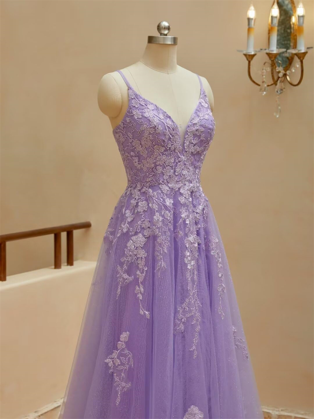 Long Prom Dresses Elegant Spaghetti Deep V-Neck Appliques Beading Split Backless Tulle A-Line Lace-up Plus Size Formal Occasion Evening Party Gown Pd1