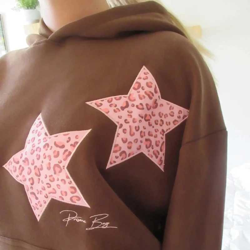 Unique Gray Leopard Print Contrasting Five Pointed Star Print Loose Hooded Pocket Hoodie Girls Autumn Winter Loose Pullover TopY251107