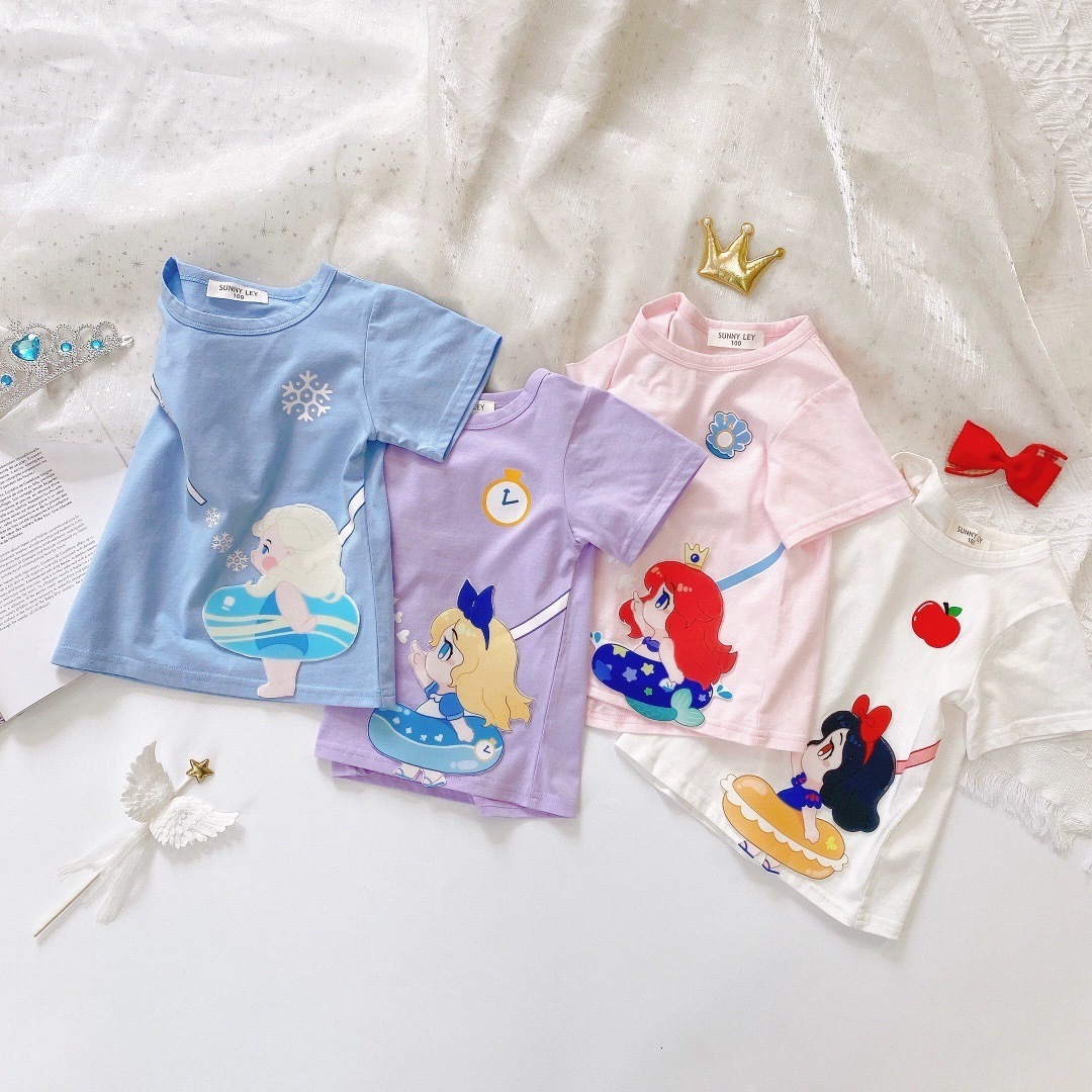 Ddmyshoesvip New Color Princess Cute Cartoon Print Casual Loose Breathable Short Sleeved Round Neck T Shirt For Girls Korean Version Summer