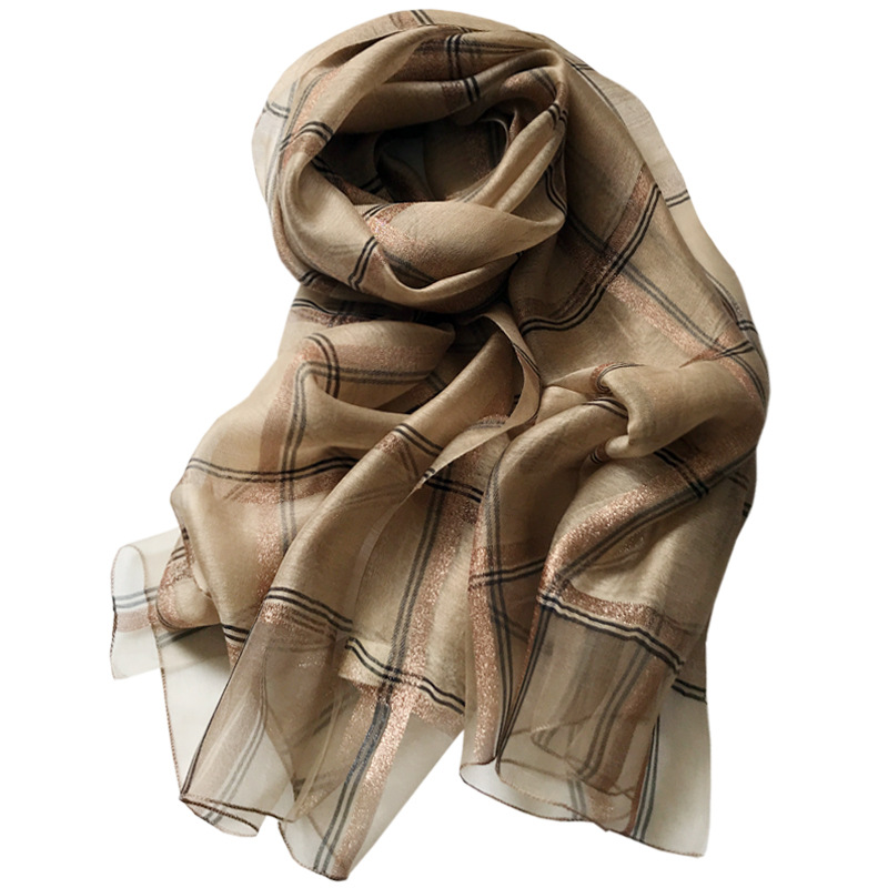K329 Spring and autumn silk wool all-match scarf women's gold thread large plaid silk scarf autumn mulberry silk thin shawl long gauze scarf