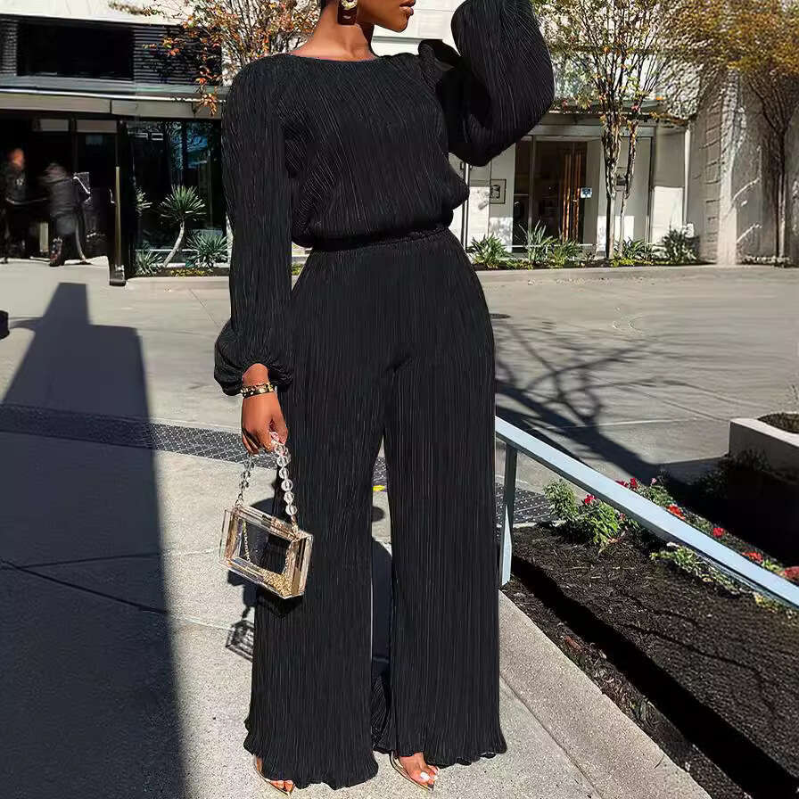 Women's 2025 Spring New Home Solid Color Loose Casual Long Sleeve High Elastic Pleated Two-Piece Set