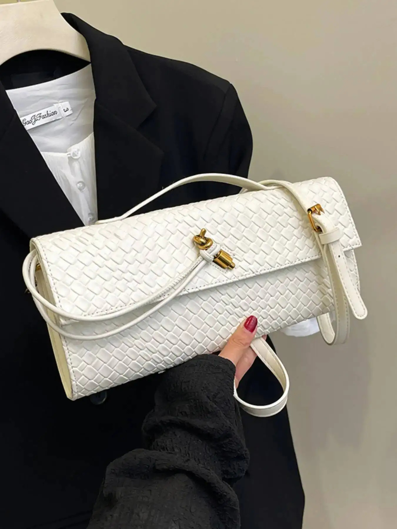 Womens Intage Minimalist Fauxwoven Felt Flap Lock Long Handbagtote Bag Large Capacity Clutch Suitable For R251107