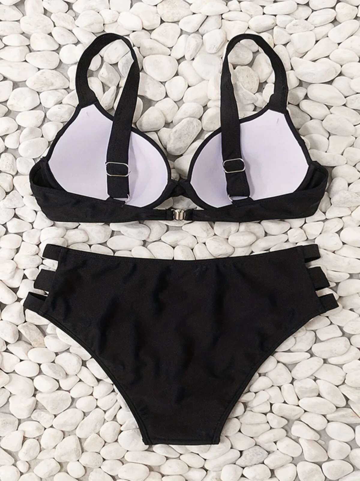 Dongdumaoyi Solid Color Black Two Piece Swimsuit For Women Sexy Underwire V Neck Suspender Backless Bikini Set High Waist Beach Swimwear