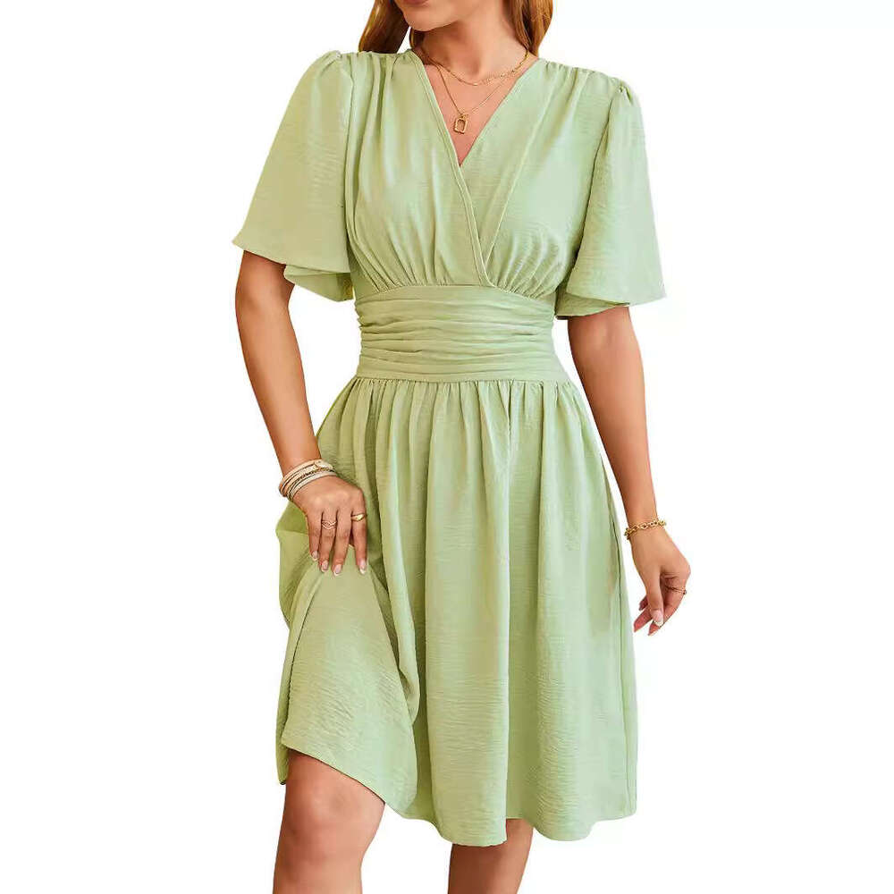 European American women's spring/summer V-neck cinched waist flared sleeve fashionable dress 2025 new style chic and elegant clothing