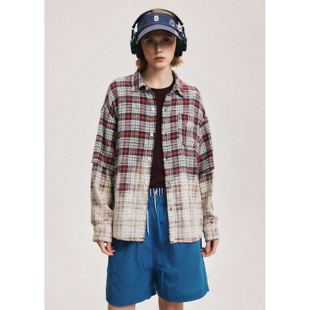 Gradient Dyed Plaid Long Sleeve Mens Pocket Embroidery High Street Lapel Single Breasted Shirts Men Cotton Tops