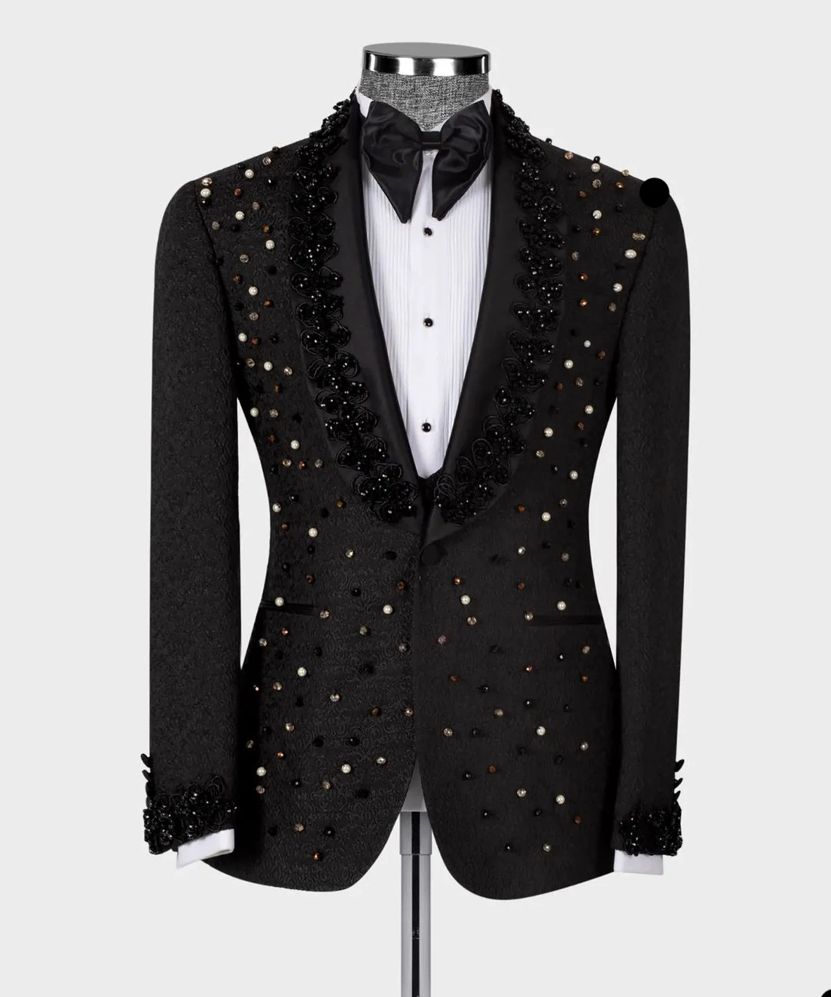 Vintage Men's Wedding Suit Shawl Lapel Rhinestone Applique 3 Pieces Set Tailored Blazers Jacquard Groom Jacket for Wedding Custom Made Coat(Pants