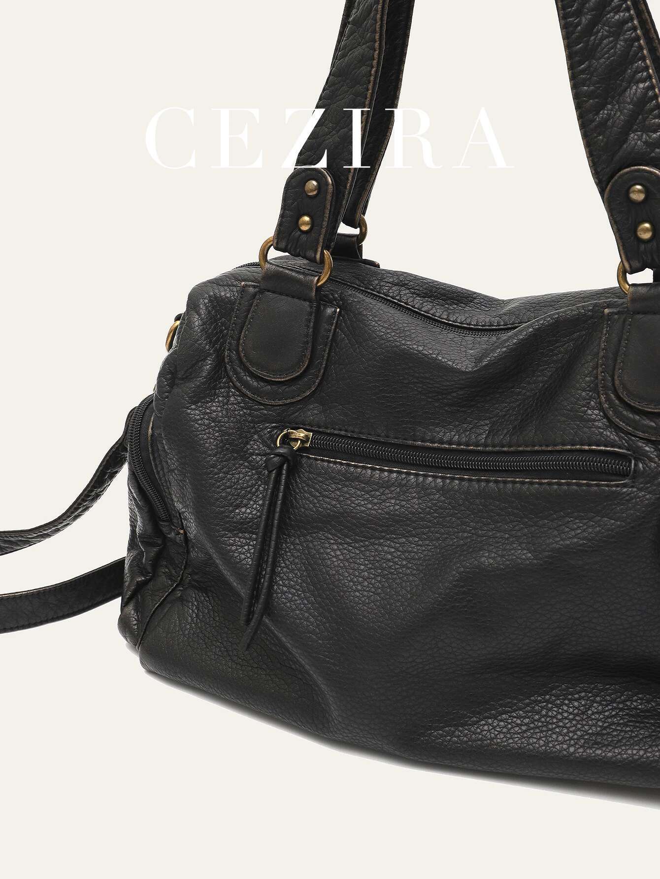 Vintage Women Unisex Brush-Off Color Washed PU Vegan Leather Zip Pockets Shoulder Cross Body Bag Large Retro Casual Daily Travel