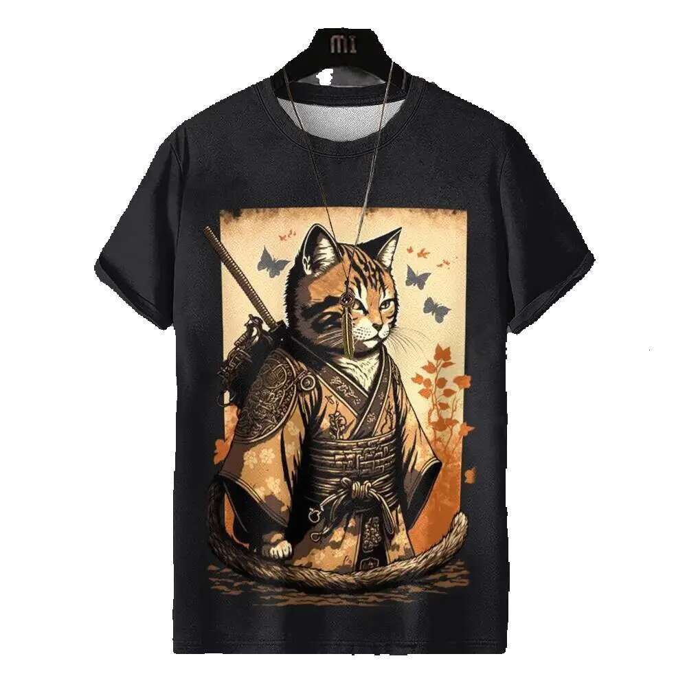 Japanese style 3D printed with warrior cat pattern casual short sleeved T-shirt oversized men's top