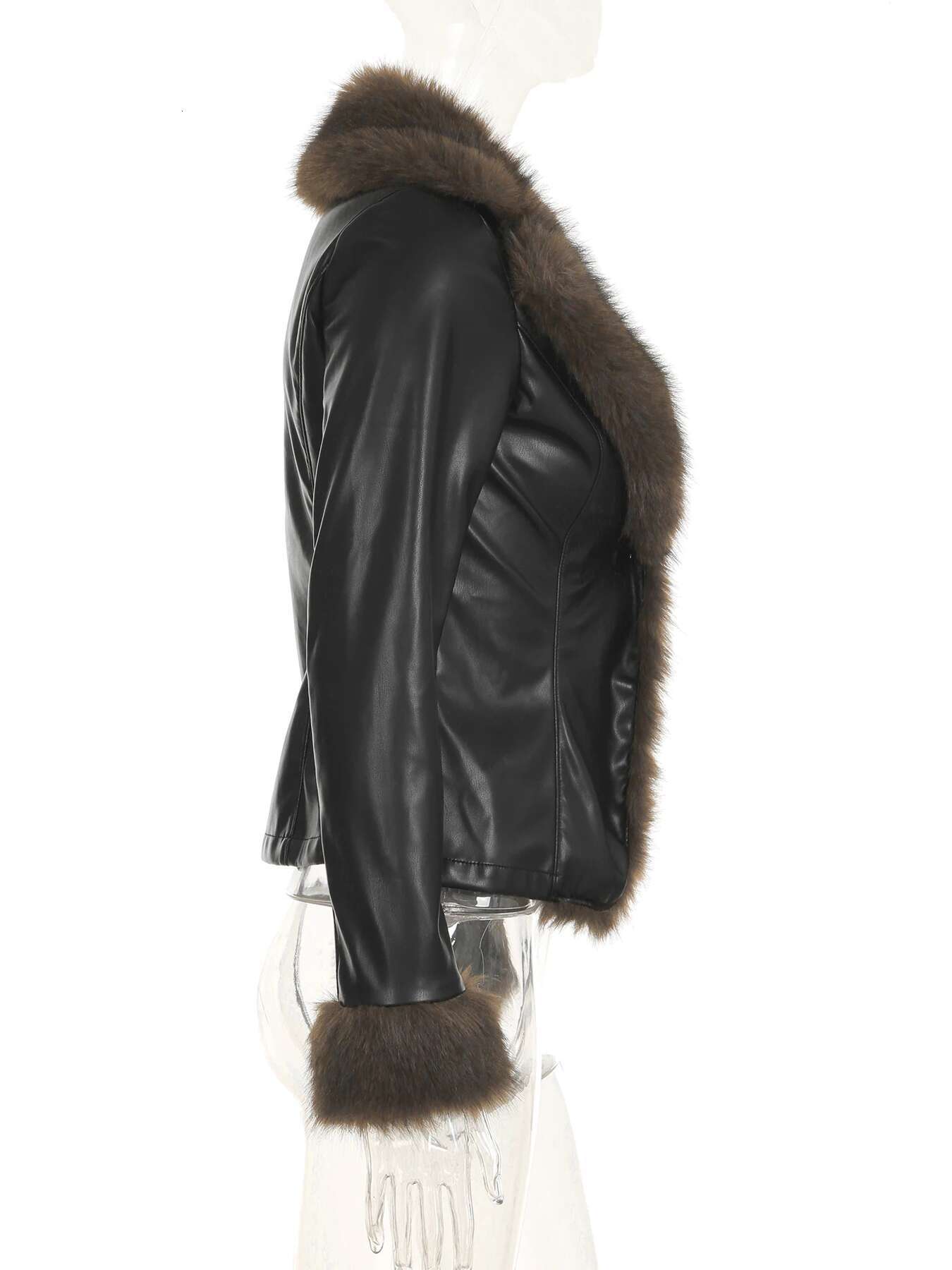 IAMSURE Casual Patchwork Fur Trim Pu Leather Jackets Slim Turn-Down Collar Single Button Long Sleeve Coats Women 2024 Winter