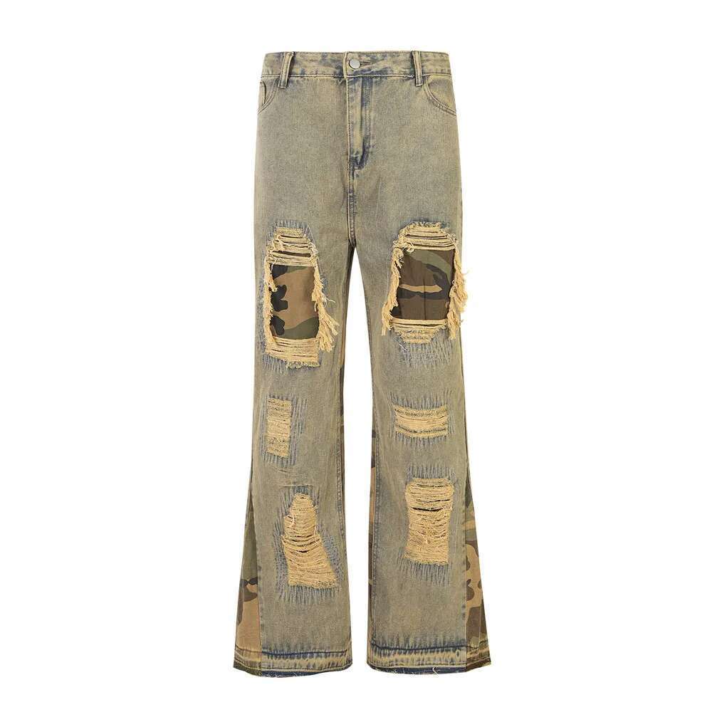 Ripped Patchwork Denim Flare Pants Mens Raw Edge High Street Washed Distressed Loose Beggar Jeans Men Trousers