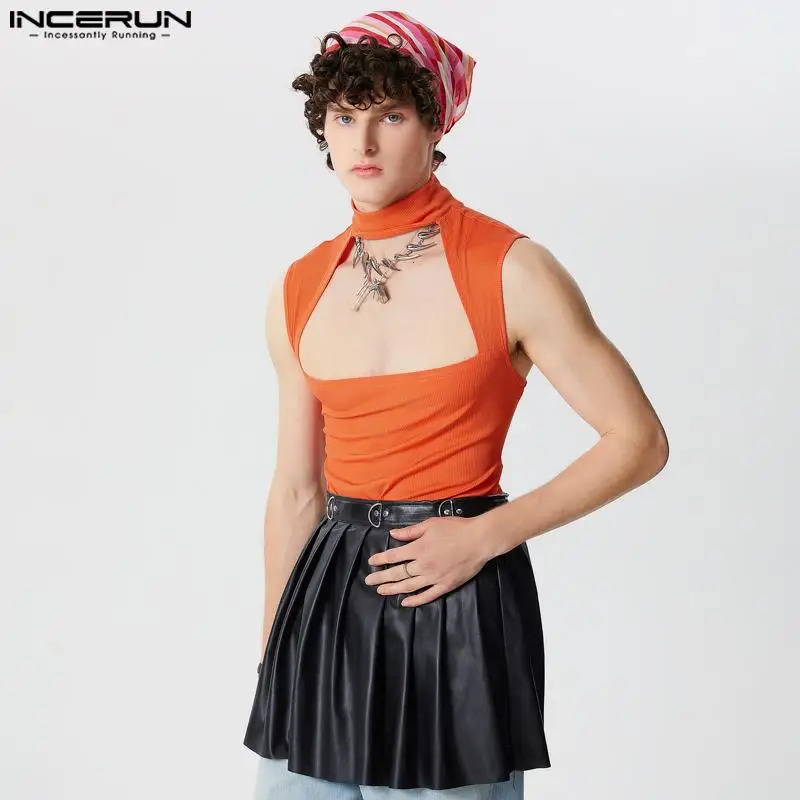 INCERUN Tops American Style Mens Sexy Hollow Knitted Tank Top Mens Street Clothing Elastic Half High Neck Sleeveless Tank Top S-5XL 250403