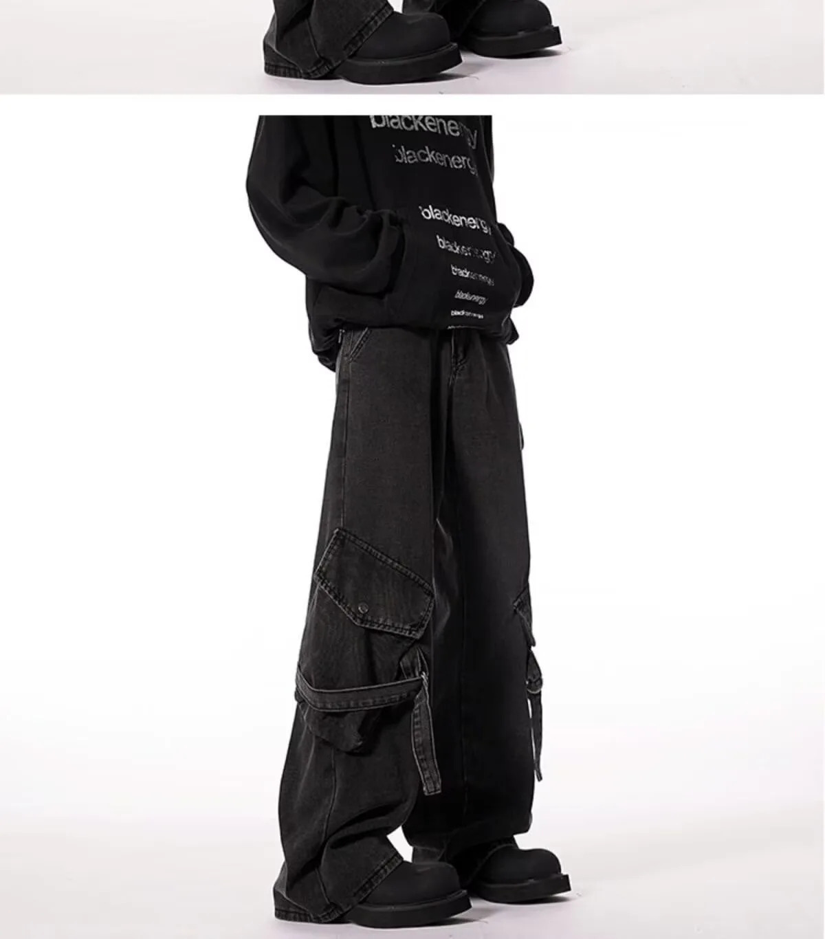 American style streetwear mens jeans with multiple pockets loose straight legs wide legs spring and autumn style pants 250402