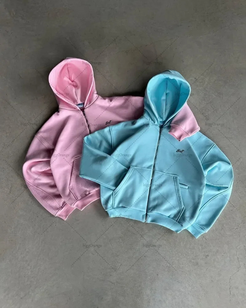Y2K Harajuku Couple Solid Color Zipper Sweatshirt Fashion Casual Clothing Street Super Loose Hoodie 250403