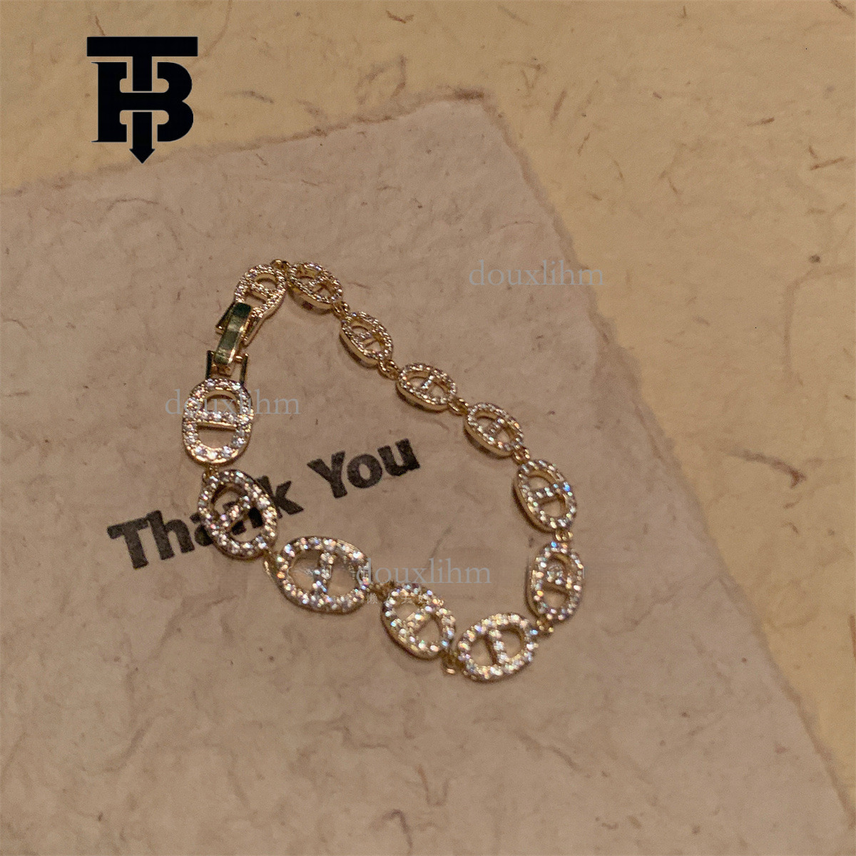 TB BHULAMTE Designer Luxury Gold - Tone Linked Oval Bracelet With Rhinestone Accents Sparkling Zircon Trapezoidal Opening Bracelet With Gold Style Fas