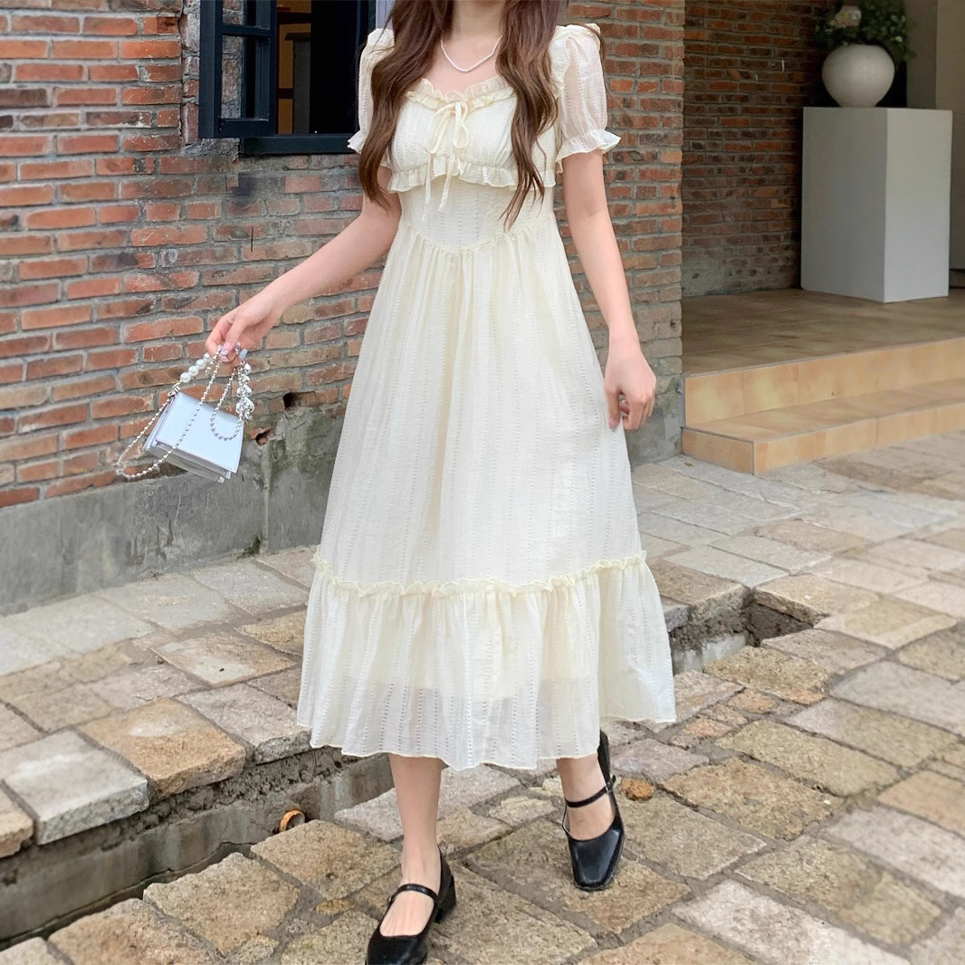 Y32135 High quality French style meat-covering sweet dress 2025 summer new style slim gentle style waist slim long skirt