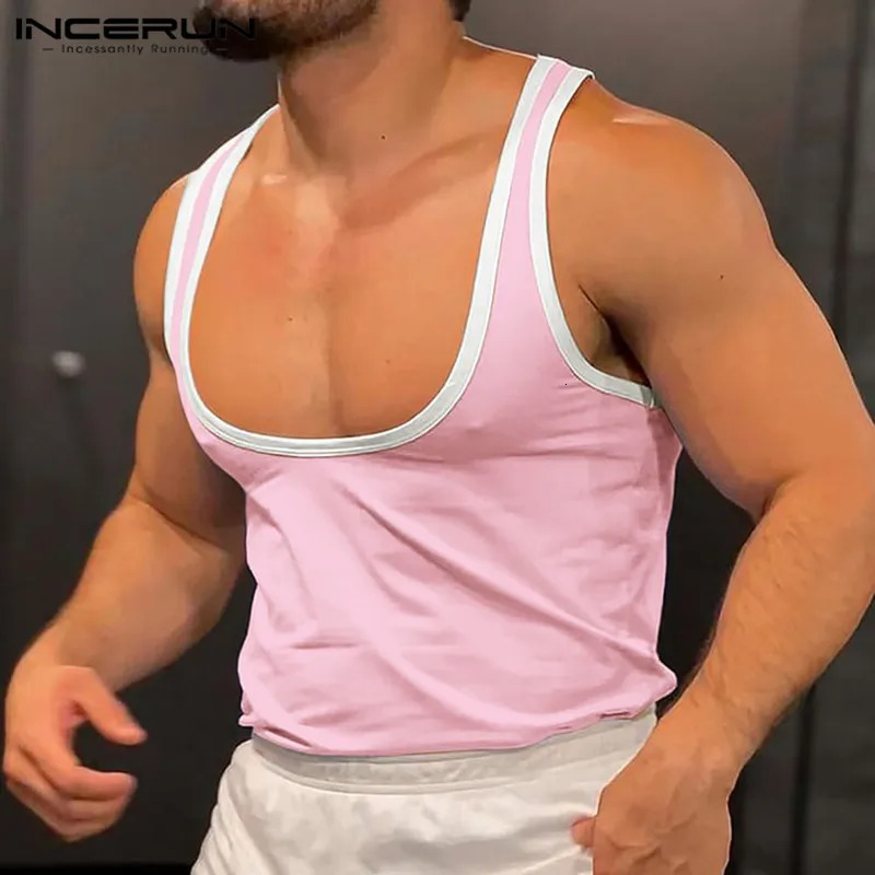 INCERUN Tops US Mens Contrastive Color Splicing Work Large Tank Top Casual and Comfortable Mens U-neck Tank Top S-5XL 250403