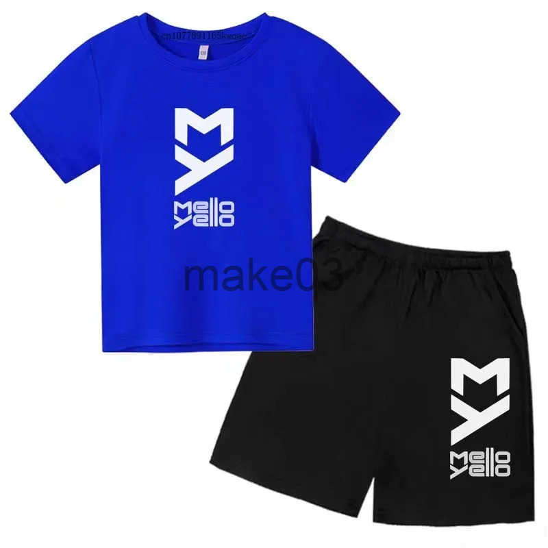 Childrens summer printed 2-piece T-shirt+2-piece short sleeved sports suit boys and girls aged 2-13 casual clothing for childrens set J250403