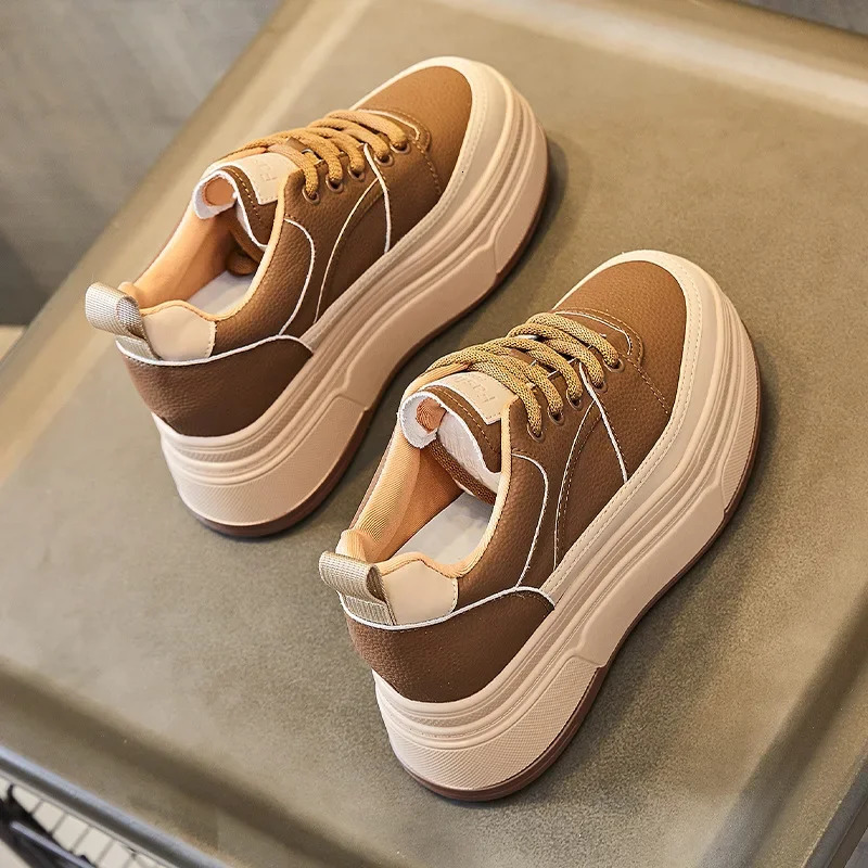 Fujin 9cm Cow Genuine Leather Women Casual White Platform Wedge Skateboard Hidden Heel Shoes Vulcanize Chunky Sneakers 250402