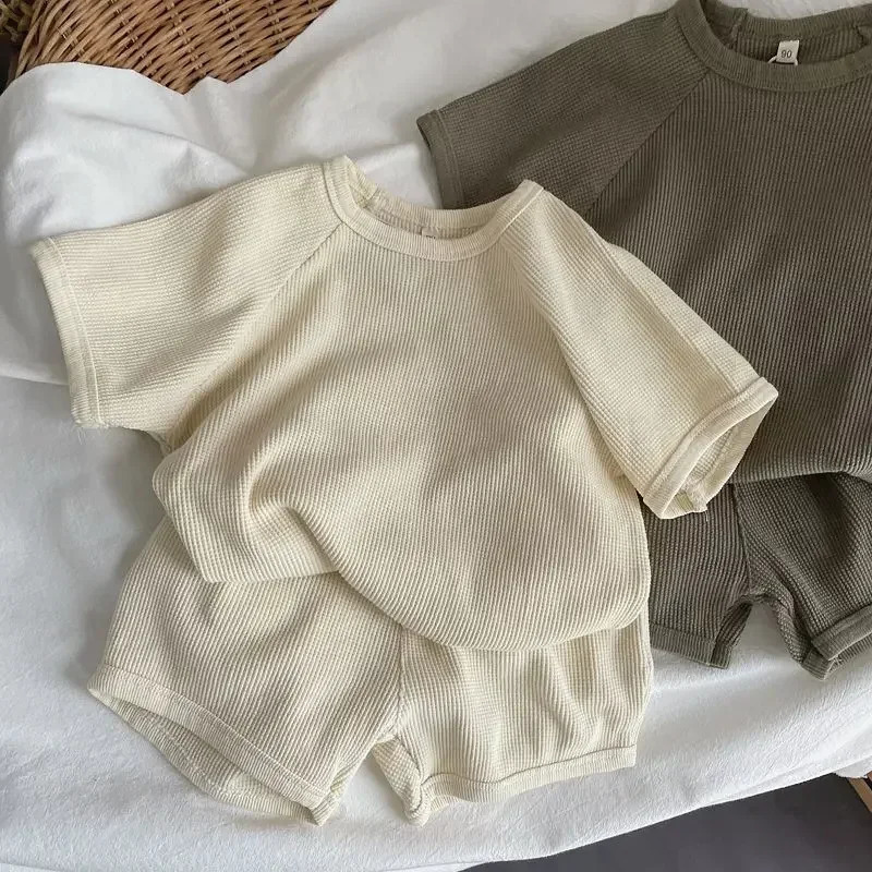 SummerChildren Korean Style Clothing Set for Boys and Girls Short-sleeved Shorts Casual Sportswear Solid Color 2 Pieces 250407