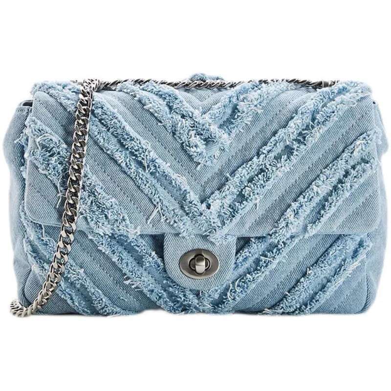 Fashion Women's Shoulder Denim Quilted Totes Bags Retro Blue Jeans Chain Female Flap Handbag